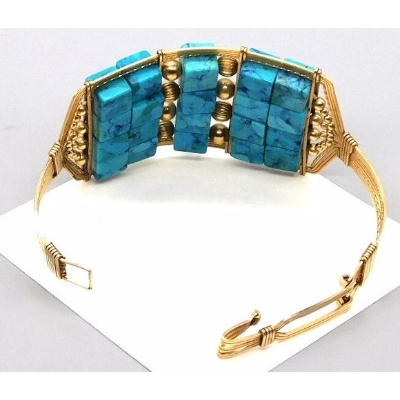 Gold Wire Wrapped Square Turquoise Bracelet Cuff Bangle Thick Blue Lg. 7.5"-9" - Picture 3 of 4